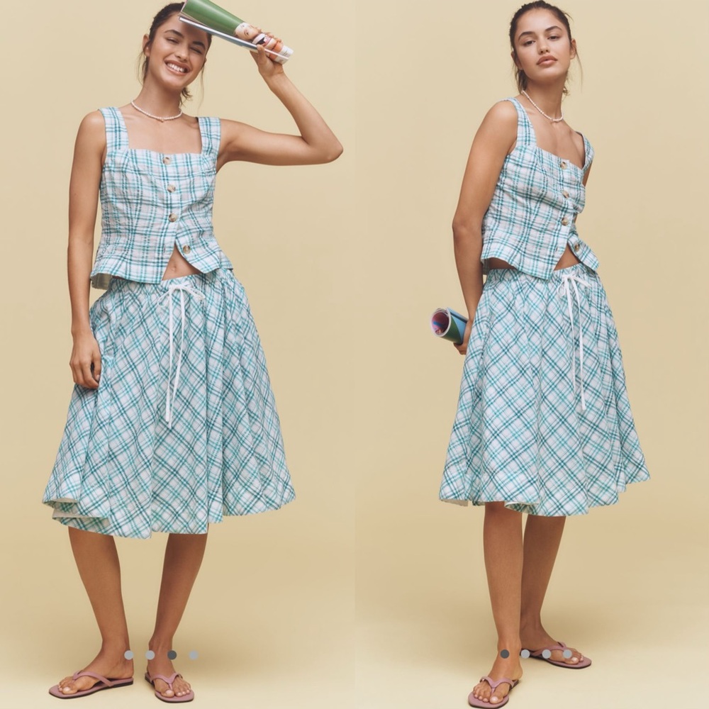 2 pieces Maeve Square neck button front top/drawstring a line cotton midi skirt